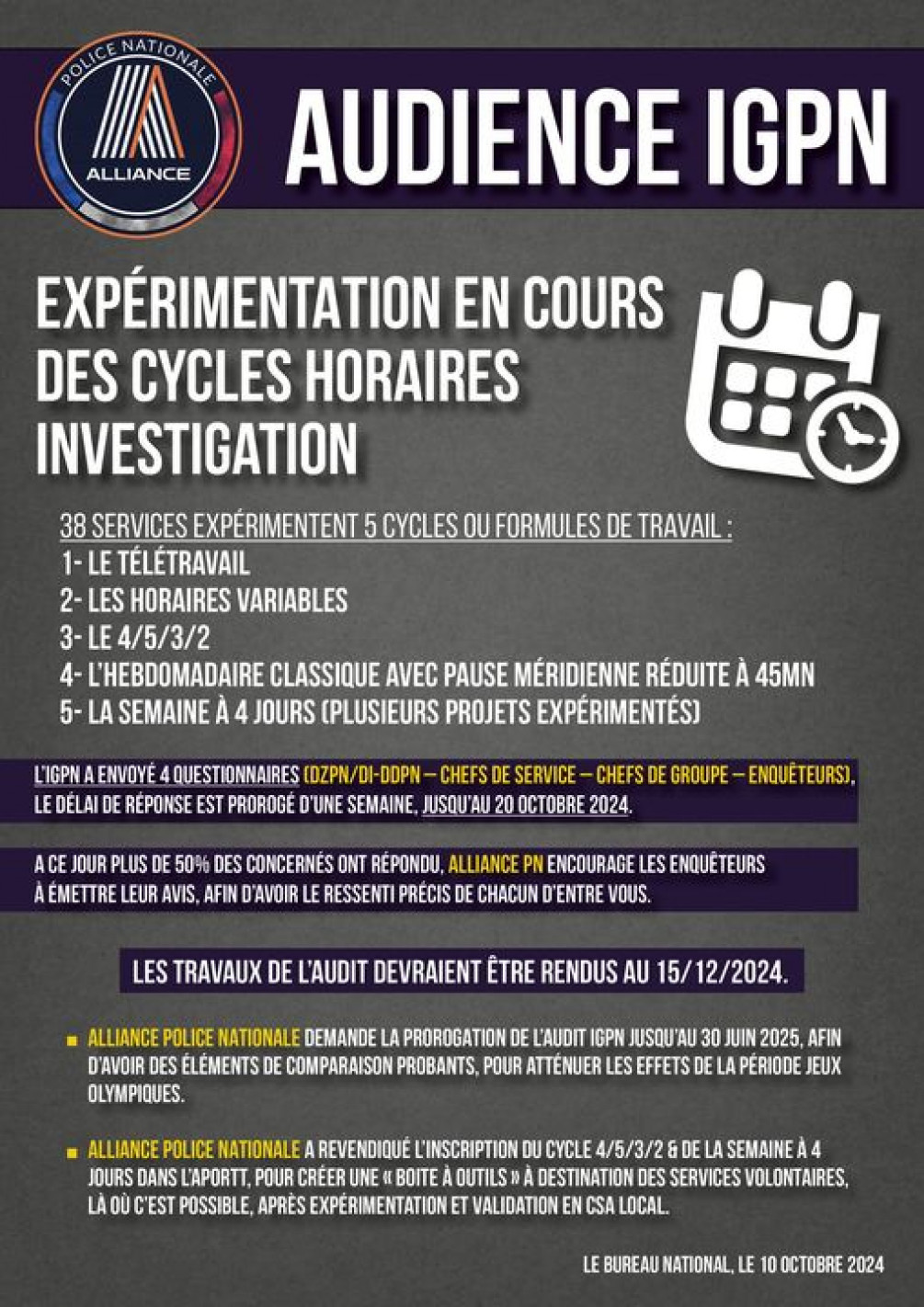 Audience igpn : expérimenatation en cours des cycles horaires investigation